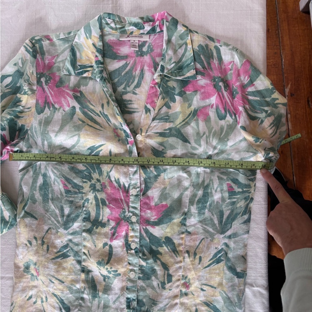 JM Collection Women’s 100% Linen 3/4 Sleeve Button Front Floral Pink /Green Top - Picture 7 of 9